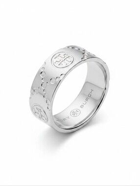 Tory Burch Icon T Monogram Band Ring with a Highly Polished Silver Toned Finish